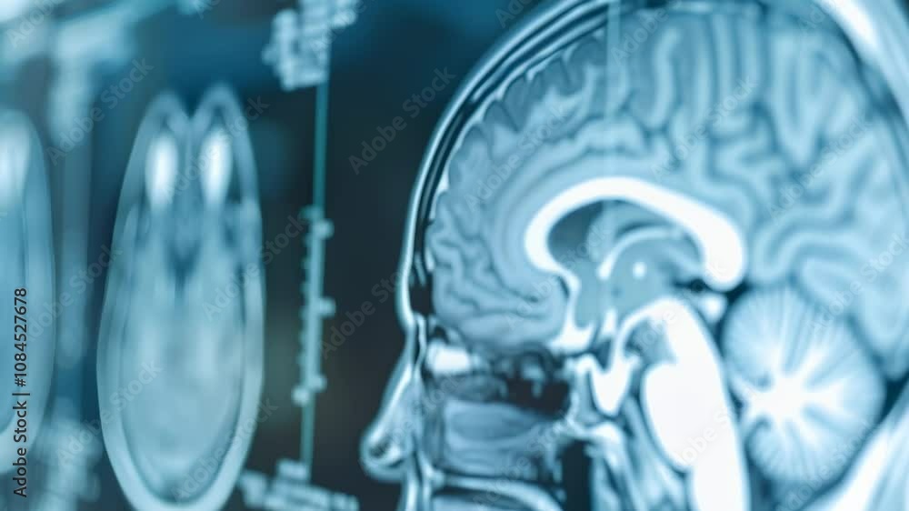 Poster Human brain scan is being displayed on a monitor, showing brain activity and structure through magnetic resonance imaging