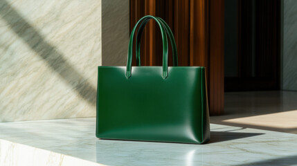Elegant green leather handbag bathed in sunlight on a marble surface, AI
