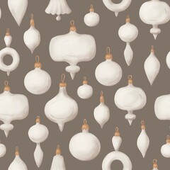 Vintage Christmas tree glass toys seamless pattern, white balls, brown background