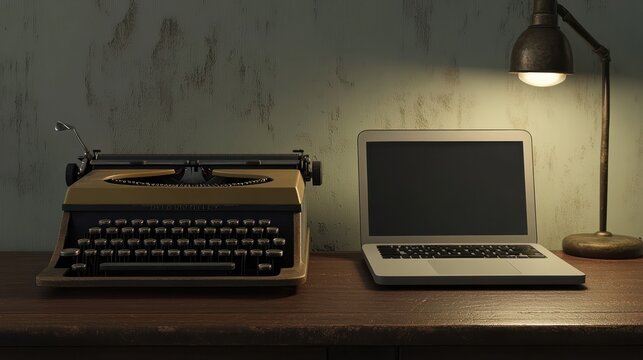 Old vs New, Old or New. A classic typewriter sits next to a modern laptop on a desk, representing the evolution of technology and communication