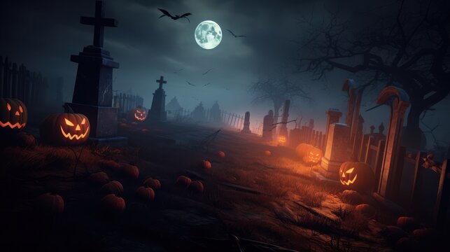 Eerie graveyard scene with glowing jack-o'-lanterns and a full moon, evoking classic Halloween spookiness and an air of the supernatural.