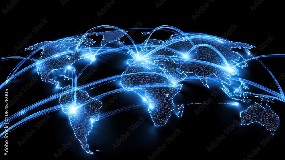 Poster a digital representation of global connectivity with illuminated lines connecting continents.