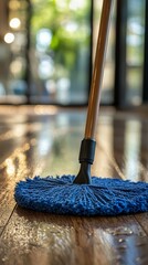 Cleaning a shiny wooden floor with a blue mop in a bright and spacious room during daylight