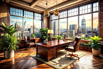 Fototapeta premium Vintage Style Cityscape Office Interior with Large Windows Showcasing Urban Views and Natural Light in a Cozy Workspace Setting
