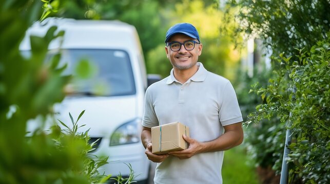 Deliveryman holding package smiling near delivery van in residential area