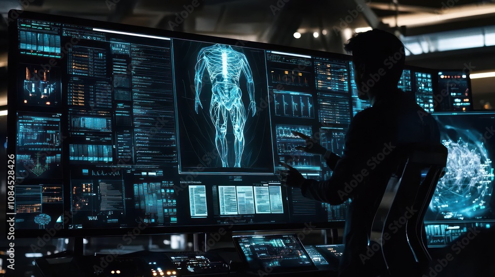 Aufkleber a person analyzing a holographic display of a human body with data and metrics.