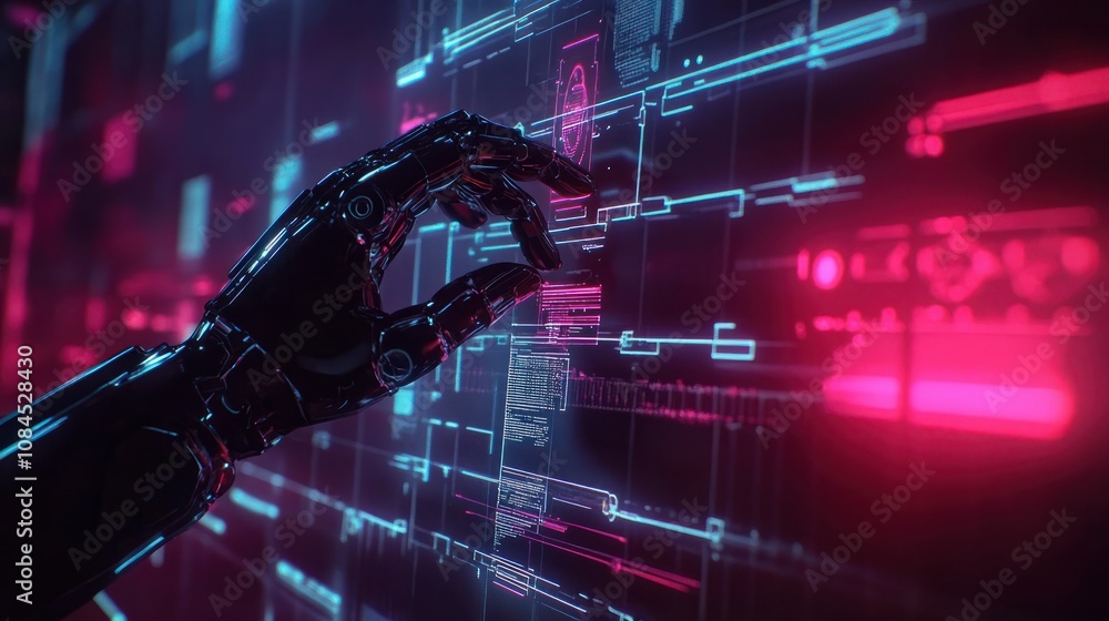 Poster robot hand pressing on virtual digital screen big data connection technology ai machine learning ide