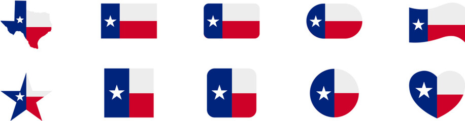 Texas flag icon. Texas map with flag, flag sign depicted on different shapes, symbol icons. Vector illustration