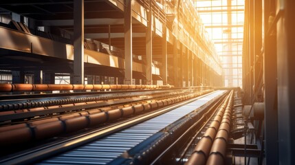 Naklejka premium Sunlit industrial conveyor belts stretch through a busy warehouse, capturing the essence of productivity and modernity.