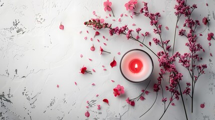 Red candle surrounded by pink blossoms and scattered petals on a textured white background, ideal for romantic designs, wedding decor, or springtime themes

