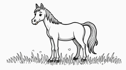 Fototapeta premium horse cartoon is standing in a grass field for coloring