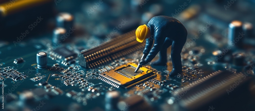 Poster a miniature figure working on a computer chip, highlighting technology and engineering.