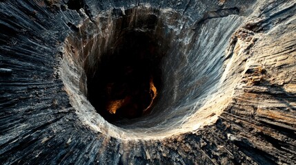 A striking view into a deep hole surrounded by textured rock. This image captures the raw beauty and mystery of nature. Perfect for adventurous themes and exploration. AI