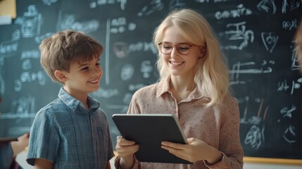Smiling young blonde teacher tutor explains lesson to schoolboy using tablet device teaching mathematics elementary middle diverse schoolchildren standing at chalkboard blackboard. Education concept.