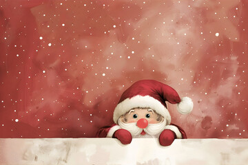 Santa Claus on the red background with copy space. For Christmas and Happy New year design. Santa Claus peeks out from behind the wall.