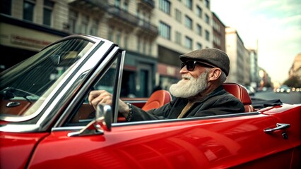 Vintage Style Photography of a Bearded Senior Man Driving a Red Convertible Car in Motion on a City Street, Capturing the Essence of Active Senior Life with a Retro Flair