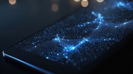 Tablet device with graphics of data flowing outwards, business intelligence concept