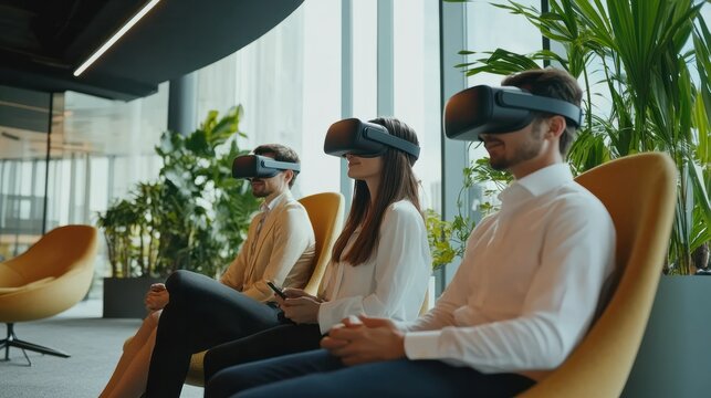 Team of young professionals enjoying a virtual reality experience in a modern office setting