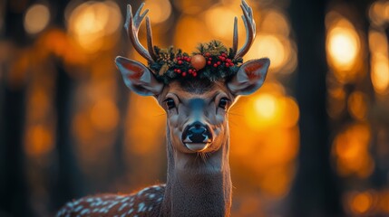 Obraz premium A young deer adorned with a floral crown stands gracefully among golden autumn trees