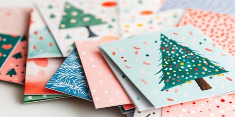 Christmas Card Day many Christmas cards stacked in a pile top view, cards have watercolor and modern prints with Christmas trees, December 9