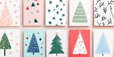 Christmas Card Day many Christmas cards stacked in a pile top view, cards have watercolor and modern prints with Christmas trees, December 9