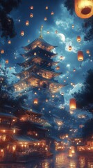 Enchanted Asian City at Night with Floating Lanterns