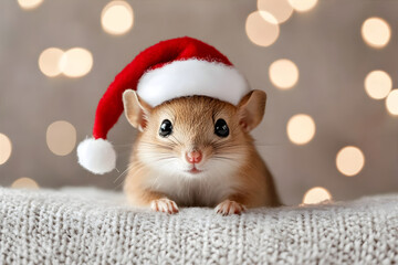 Small mouse on a woolen blanket background wearing a Santa hat. New Year and Christmas card with copy space. Festive New Year and Merry Christmas greeting Card.
