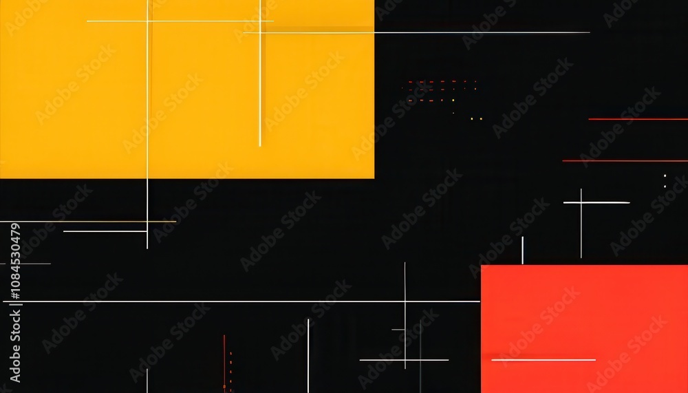Poster abstract geometric composition with bold colors and lines on a dark background.