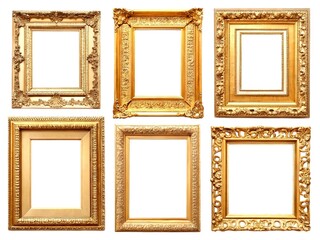 Vintage Style Photography of Eight Ornate Golden Picture Frames with Intricate Details Isolated on a White Background for Elegant Home Decor and Art Display