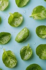 Obraz premium Fresh green leaves arranged on a vibrant blue background showcasing natural beauty and texture