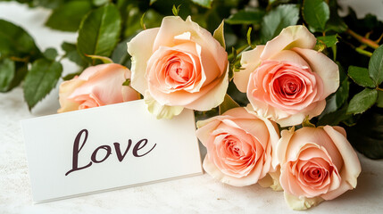 Elegant pink roses with a love note on a white background. Perfect for Valentine’s Day cards, wedding invitations, romantic advertising, and floral design articles.