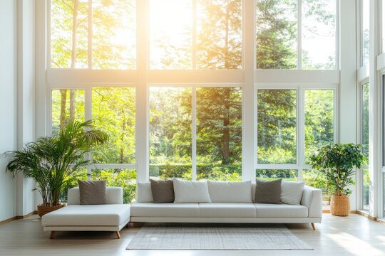 Fototapeta A spacious living room features a white sofa, soft cushions, and large windows revealing a vibrant garden filled with greenery. Generative AI