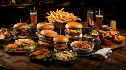 Fototapeta premium A vibrant spread of burgers, fries, onion rings, and drinks on a wooden table, exuding a cozy and indulgent dining atmosphere.