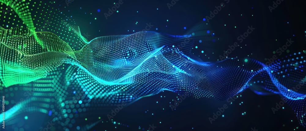 Poster abstract digital wave pattern with vibrant colors and particles.
