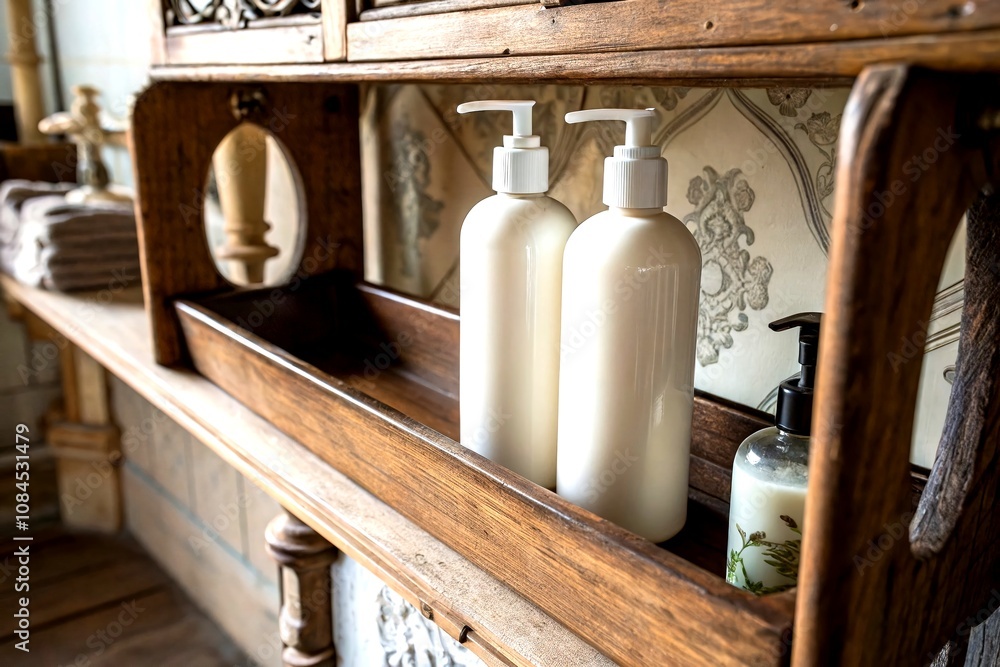 Poster vintage styled shelf display featuring white shampoo and conditioner bottles in a soft focus backgro