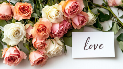 Bouquet of pink, peach, and white roses with a love card on a white background. Ideal for Valentine’s Day cards, wedding invitations, romantic advertising, and floral design articles.