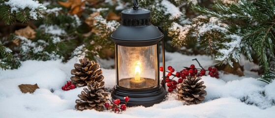 A black lantern with a candle sits on the snow-covered ground, surrounded by pine cones and red berries, Ideal for holiday greeting cards, festive decorations, winter-themed ads in marketing