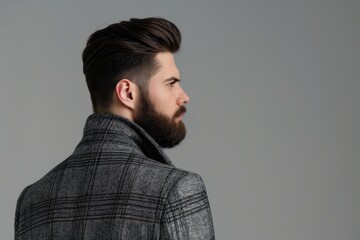 Obraz premium Attractive guy in blazer jacket poses for side photo.