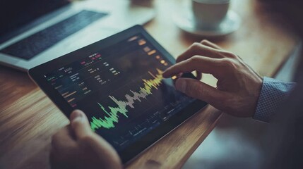 Top view of digital tablet with financial year overview on screen. Businessman analyzing investment charts with digital tablet on wooden desk at office. positive stock market trend. hy per realistic