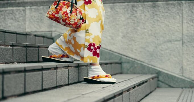 Japan woman, kimono or feet on stairs for travel, journey or morning commute in city. Legs, Japanese girl or outdoor on steps with traditional fashion, walking sandals or culture heritage in Tokyo