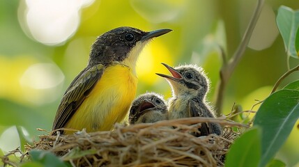 Yellow bird feeding its chicks in a nest.