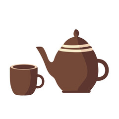 Hand drawing brown vector illustration of a cup of hot tea or coffee and a clay kettle isolated on a white background