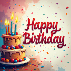 Birthday card with a cake adorned with colorful balls and candles, featuring a playful and festive style with confetti and splashes of pink, blue, orange, and purple.