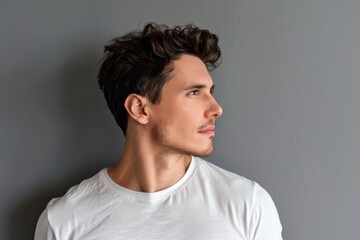Fototapeta premium Close up profile photo of ideal and reliable man in casual attire.
