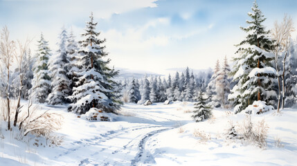 Fototapeta premium Watercolor painting empty panoramic winter background with copy space