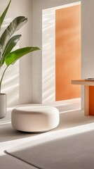 Fototapeta premium Minimalist room with soft lighting and modern decor, featuring a round ottoman, AI