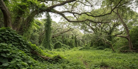 Fototapeta premium Overgrown forest with dense foliage and twisted tree branches in the background, natural, undergrowth, vegetation