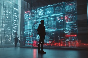 Obraz premium A person observes a futuristic digital display in a modern city during the evening hours