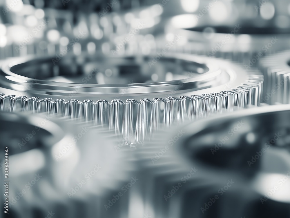 Poster close up view of interlocking metallic gears rotating smoothly