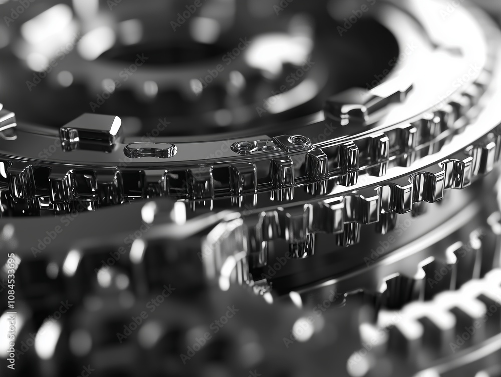 Poster complex interlocking gears rotating smoothly in monochrome